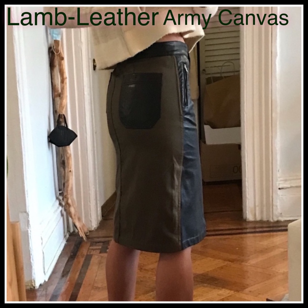 MW Lambskin Leather Army Green Canvas MIDI Skirt - Picture 3 of 11